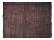 7' x 9' Rectangular Charcoal Rust Geometric Tribal Traditional Washable Area Rug displayed on a white background, showcasing its charcoal and rust geometric tribal pattern with a decorative border.