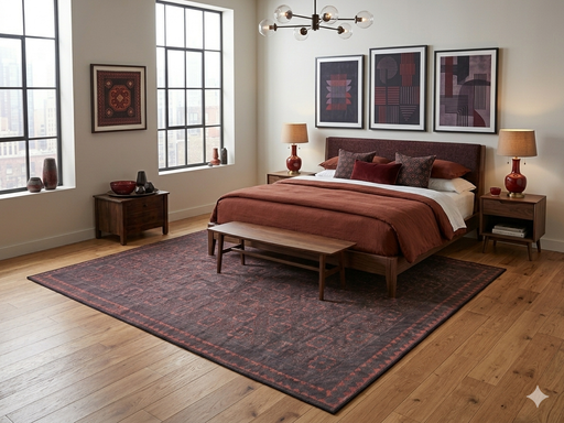 7' x 9' Rectangular Charcoal Rust Geometric Tribal Traditional Washable Area Rug placed under a bed in a contemporary bedroom with rich rust bedding and dark wood furniture.