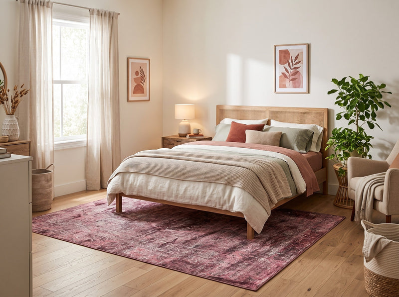 7' x 9' Rectangular Dusty Pink Burgundy Distressed Medallion Vintage Traditional Area Rug styled in a bedroom with a wooden bed frame and cream bedding.