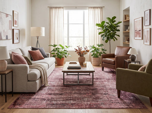 7' x 9' Rectangular Dusty Pink Burgundy Distressed Medallion Vintage Traditional Area Rug styled in a living room with a beige sofa and wooden coffee table.