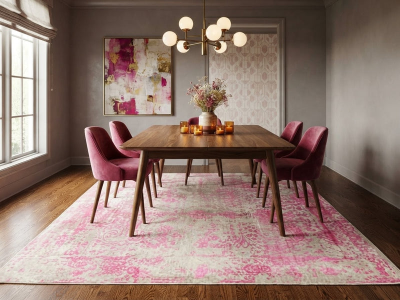 7' x 9' Rectangular Hot Pink Beige Distressed Floral Vintage Traditional Area Rug styled in a dining room with a wooden dining table and pink upholstered chairs.