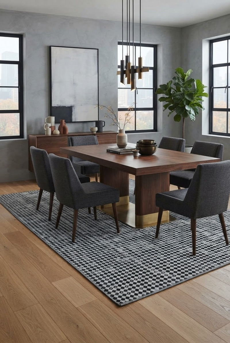 7' x 9' Rectangular Ivory Black Dotted Diamond Geometric Modern Washable Area Rug styled in a dining room with a wooden dining table and gray upholstered chairs.