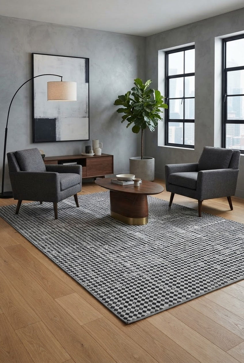 7' x 9' Rectangular Ivory Black Dotted Diamond Geometric Modern Washable Area Rug styled in a living room with gray armchairs and a round wooden coffee table.