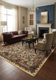 7' x 9' Rectangular Ivory Burgundy Ornate Floral Medallion Traditional Oriental Area Rug styled in a living room with a burgundy sofa and black wooden coffee table.