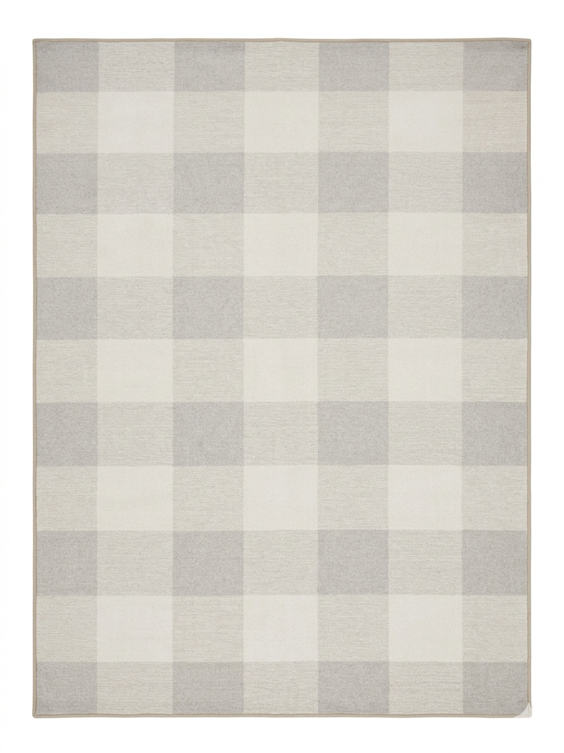 7' x 9' Rectangular Ivory & Gray Checkered Plaid Modern Farmhouse Area Rug isolated on a white background.