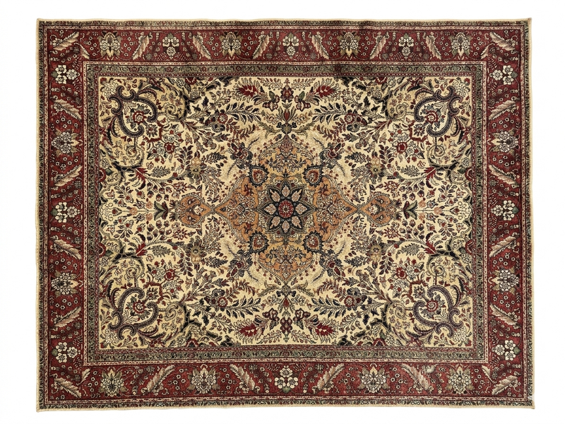 7' x 9' Rectangular Ivory Red Floral Medallion Traditional Washable Area Rug displayed on a white background.
