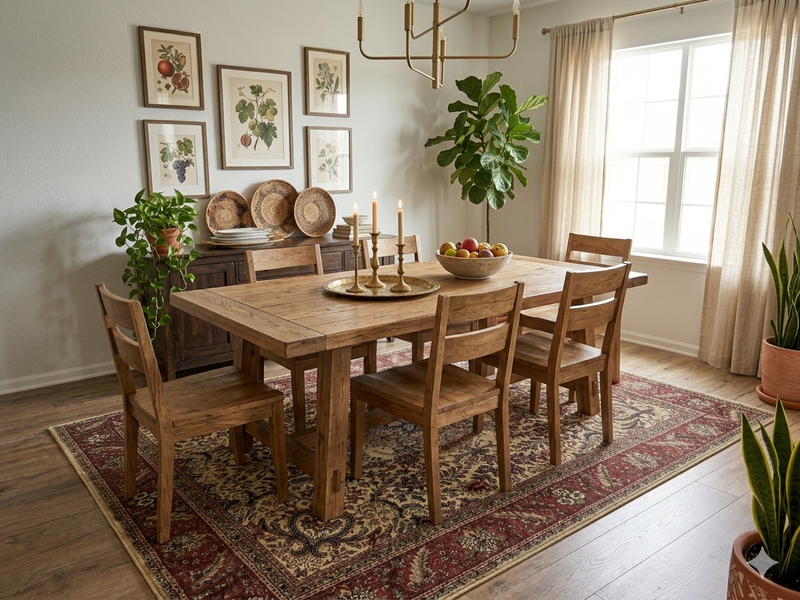 7' x 9' Rectangular Ivory Red Floral Medallion Traditional Washable Area Rug featured in a rustic dining room with a solid wood dining table, six matching chairs, and natural greenery accents.