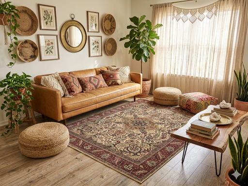 7' x 9' Rectangular Ivory Red Floral Medallion Traditional Washable Area Rug styled in a cozy bohemian living room with a tan leather sofa, woven poufs, and botanical wall decor.