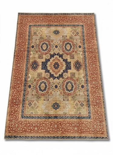 7' x 9' Rectangular Multi Color & Navy Beige Traditional Medallion Area Rug displayed alone on a white background studio setting.