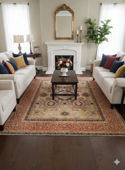 7' x 9' Rectangular Multi Color & Navy Beige Traditional Medallion Area Rug placed / styled in a classic living room centered between two white sofas with a dark wood coffee table and fireplace backdrop.