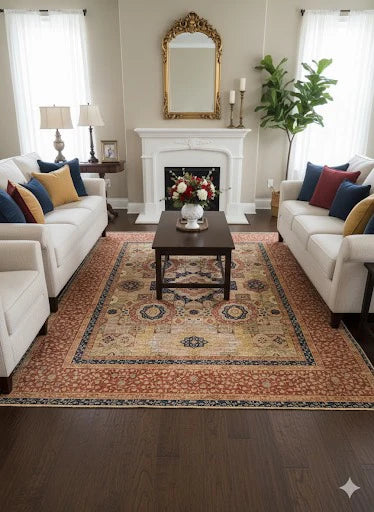 7' x 9' Rectangular Multi Color & Navy Beige Traditional Medallion Area Rug placed / styled in a classic living room centered between two white sofas with a dark wood coffee table and fireplace backdrop.