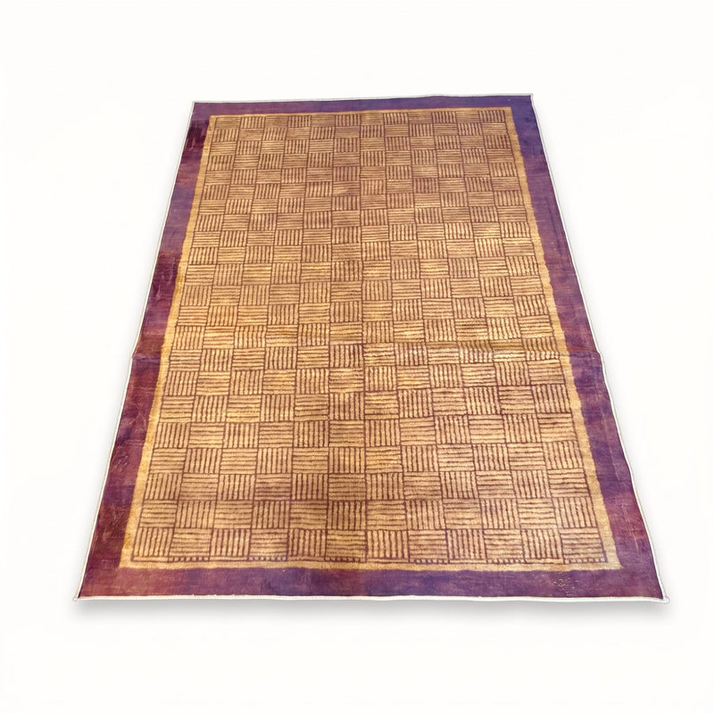 7' x 9' Rectangular Mustard Gold & Purple Checkered Geometric Modern Area Rug featuring a repeating linear checkered pattern and a bold purple border.