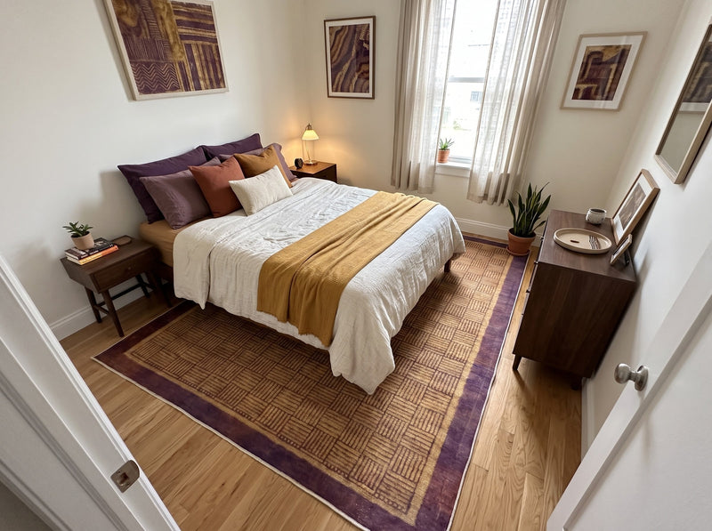 7' x 9' Rectangular Mustard Gold & Purple Checkered Geometric Modern Area Rug placed beneath a bed with white bedding and mustard gold accents.