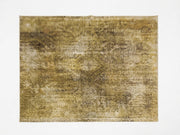 7' x 9' Rectangular Olive Gold Beige Distressed Abstract Vintage Modern Washable Area Rug featuring faded textures, subtle antique-inspired details, and earthy golden tones, displayed in product view.