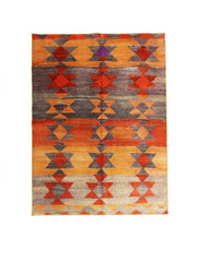 7' x 9' Rectangular Orange Multi Color Geometric Tribal Southwestern Area Rug displayed on a white background, featuring colorful geometric diamond patterns and horizontal stripes.