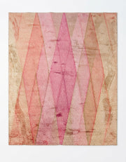 7' x 9' Rectangular Pink Beige Wavy Geometric Abstract Modern Area Rug featuring elongated pink and peach geometric shapes over a textured beige background, displayed in product view.
