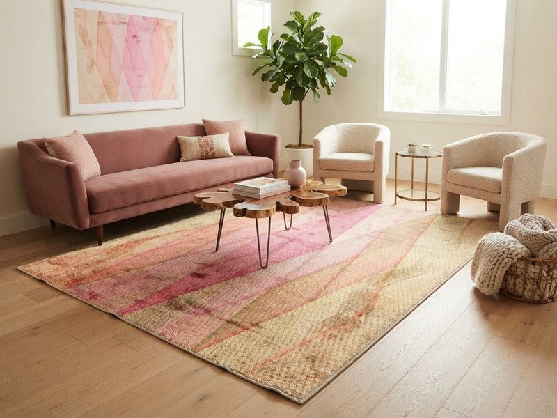 7' x 9' Rectangular Pink Beige Wavy Geometric Abstract Modern Area Rug styled in a living room with a dusty pink sofa, cream armchairs, and wooden coffee table.