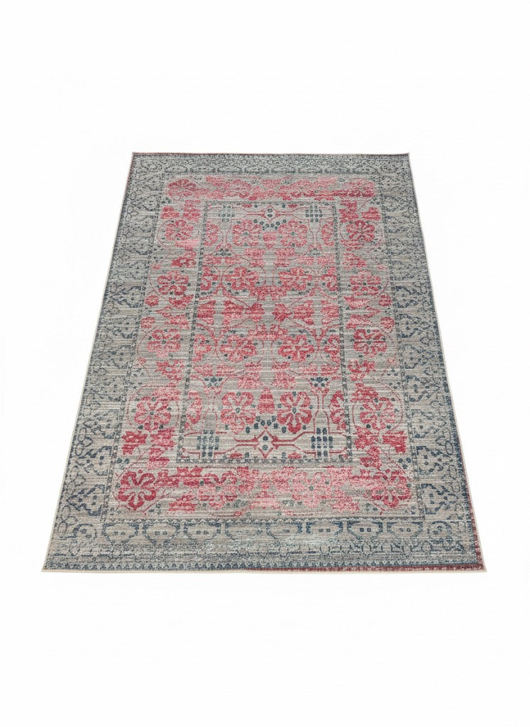 7' x 9' Rectangular Pink & Blue Gray Ivory Distressed Traditional Area Rug displayed alone on a white background studio setting.
