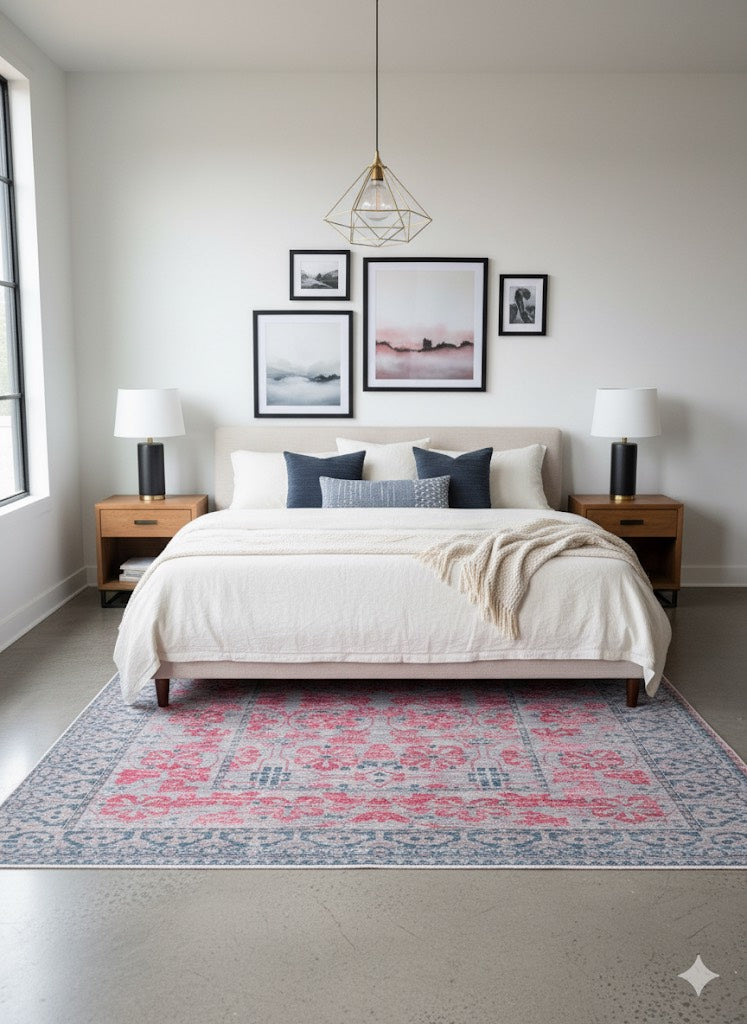 7' x 9' Rectangular Pink & Blue Gray Ivory Distressed Traditional Area Rug placed / styled in a contemporary bedroom beneath a neutral upholstered bed with wooden nightstands.