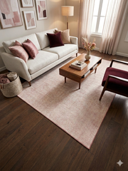 7' x 9' Rectangular Pink Ivory Solid Modern Area Rug displayed in a bedroom setting beneath a bed with coordinating pink décor.