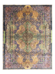 7' x 9' Rectangular Purple & Multicolor Medallion Distressed Traditional Area Rug shown in a flat product design view.