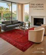 7' x 9' Rectangular Red & Black Distressed Floral Traditional Washable Area Rug styled in a dining room with a large table, upholstered chairs, and elegant decor.