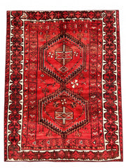 7' x 9' Rectangular Red Black Geometric Medallion Traditional Southwestern Area Rug featuring two bold diamond medallions and intricate tribal borders, displayed in product view.