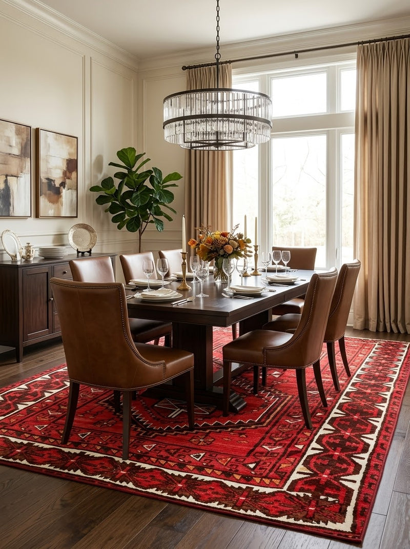 7' x 9' Rectangular Red Black Geometric Medallion Traditional Southwestern Area Rug styled in a dining room with a dark wooden dining table and brown leather chairs.