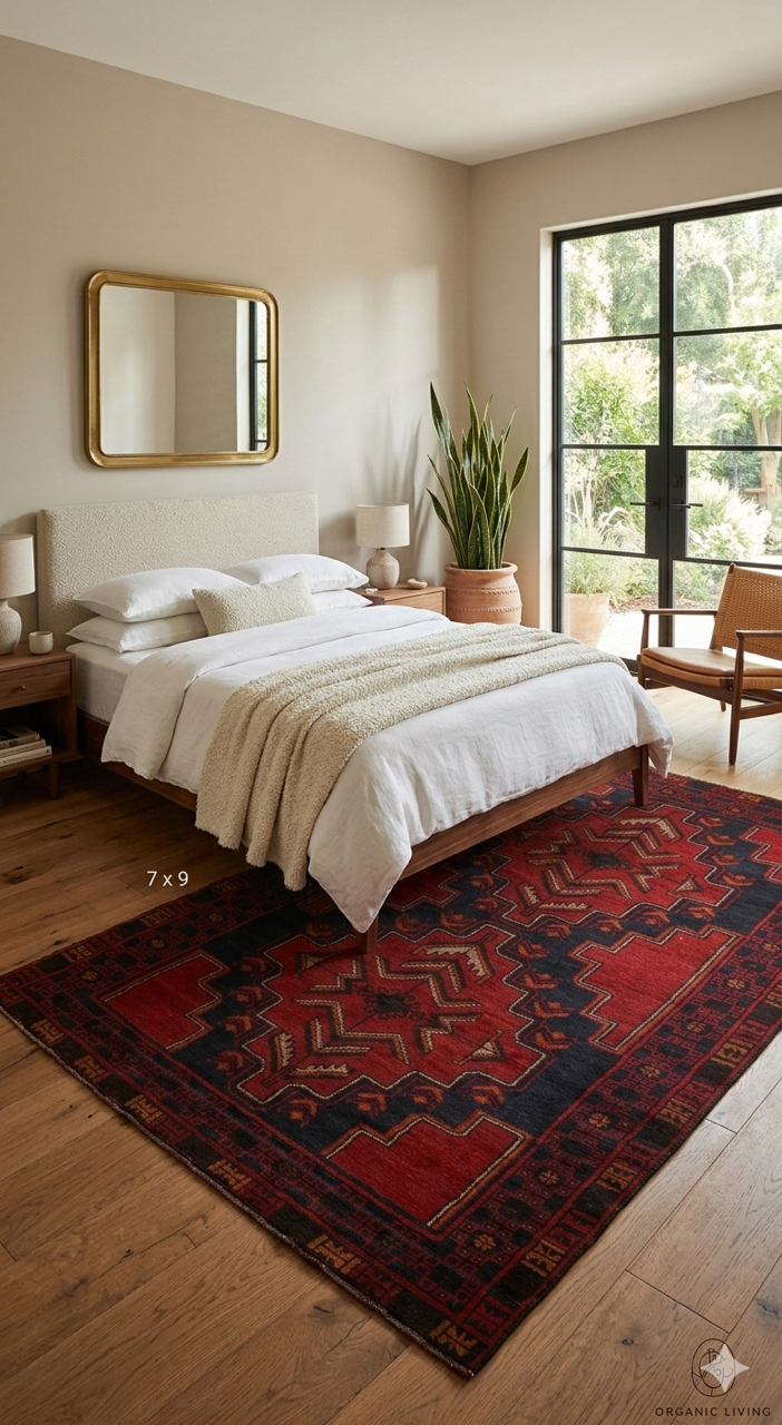 7' x 9' Rectangular Red & Black Tribal Geometric Traditional Area Rug placed in a bright contemporary bedroom with large window and wood floors.