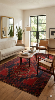 7' x 9' Rectangular Red & Black Tribal Geometric Traditional Area Rug styled in a modern living room with wood flooring and mid-century furniture.
