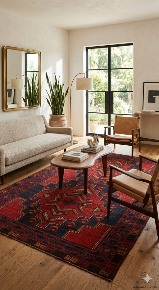 7' x 9' Rectangular Red & Black Tribal Geometric Traditional Area Rug styled in a modern living room with wood flooring and mid-century furniture.