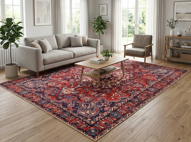 7' x 9' Rectangular Red Navy Ivory Floral Medallion Traditional Oriental Washable Area Rug styled in a living room with a light gray sofa, wooden coffee table, and gray armchair.