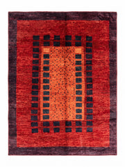 7' x 9' Rectangular Red Orange Black Geometric Tribal Southwestern Area Rug featuring bold square motifs, dotted patterns, and a contrasting dark border, displayed in product view.