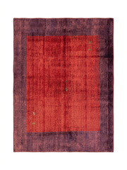 7' x 9' Rectangular Red Purple Solid Border Contemporary Area Rug isolated on a white background.