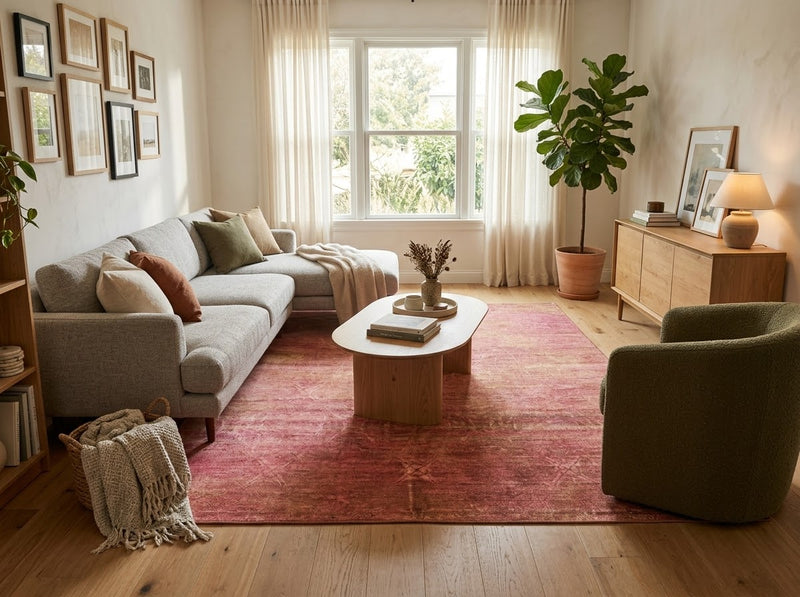 7' x 9' Rectangular Rose Pink Blush Distressed Abstract Modern Washable Area Rug styled in a living room with a light gray sofa, green armchair, and wooden coffee table.