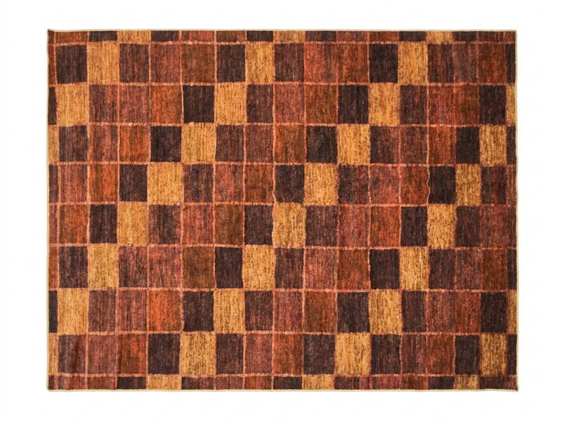 7' x 9' Rectangular Rust Gold Checkered Geometric Modern Washable Area Rug displayed on a white background, showcasing its bold rust and gold checkered geometric pattern.