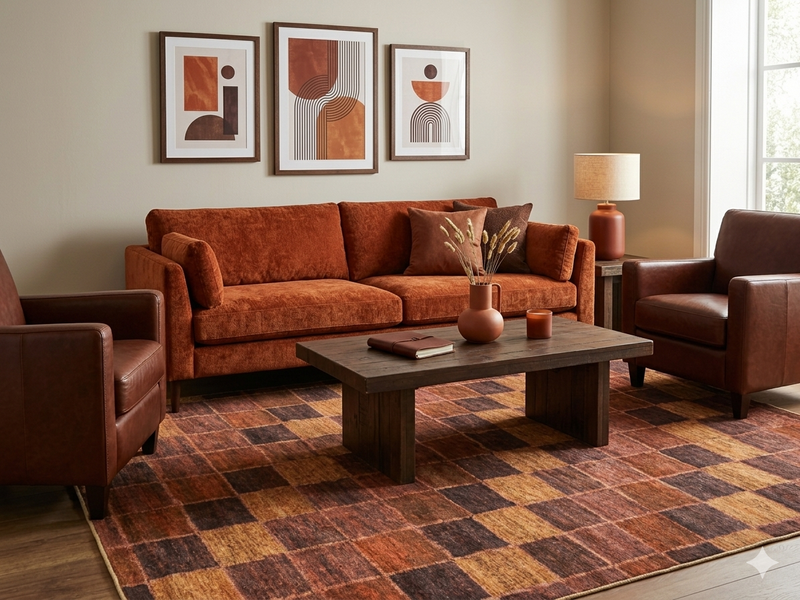 7' x 9' Rectangular Rust Gold Checkered Geometric Modern Washable Area Rug styled in a contemporary living room with a rust-colored sofa, leather chairs, and warm neutral décor.