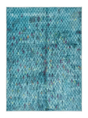 7' x 9' Rectangular Turquoise Blue Multicolor Distressed Diamond Geometric Modern Area Rug featuring a diamond lattice pattern with colorful accents and an abstract distressed finish, displayed in product view.