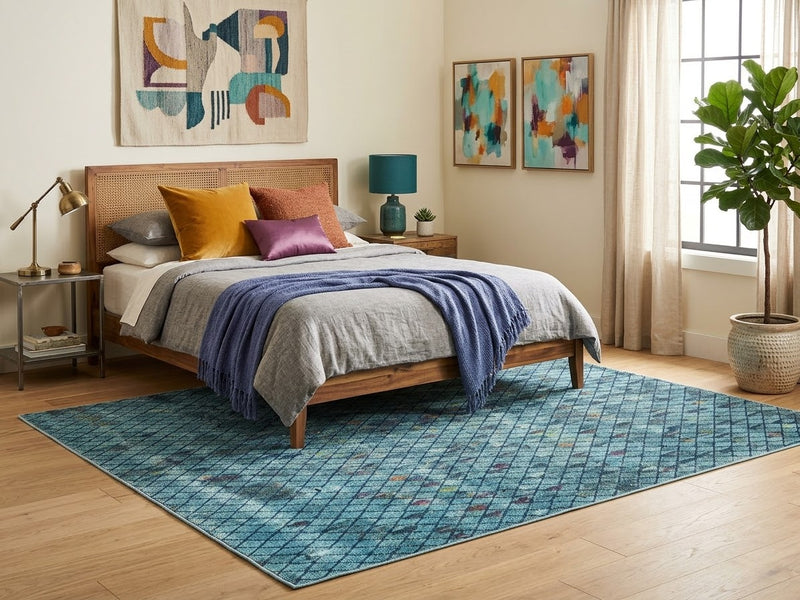 7' x 9' Rectangular Turquoise Blue Multicolor Distressed Diamond Geometric Modern Area Rug placed in a bedroom with a wooden bed and gray bedding.