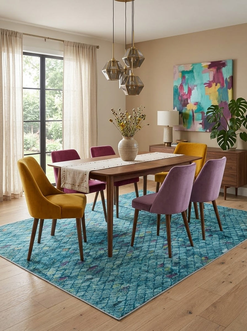 7' x 9' Rectangular Turquoise Blue Multicolor Distressed Diamond Geometric Modern Area Rug styled in a dining room with a wooden dining table and colorful chairs.