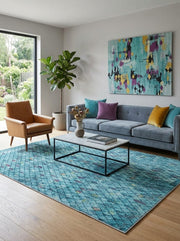 7' x 9' Rectangular Turquoise Blue Multicolor Distressed Diamond Geometric Modern Area Rug styled in a living room with a blue sofa and marble coffee table.
