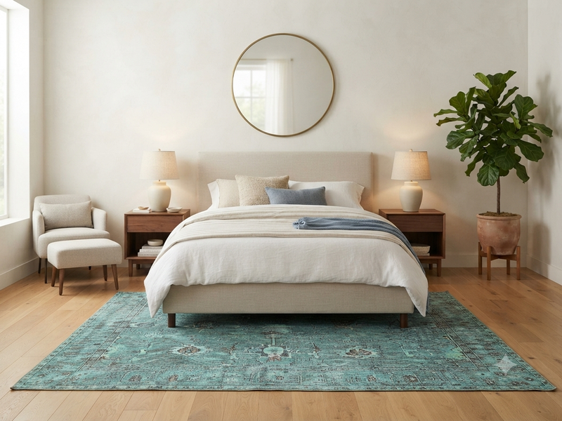 7' x 9' Rectangular Turquoise Blue Teal Distressed Floral Vintage Traditional Washable Area Rug placed in a bedroom with a beige upholstered bed and white bedding.