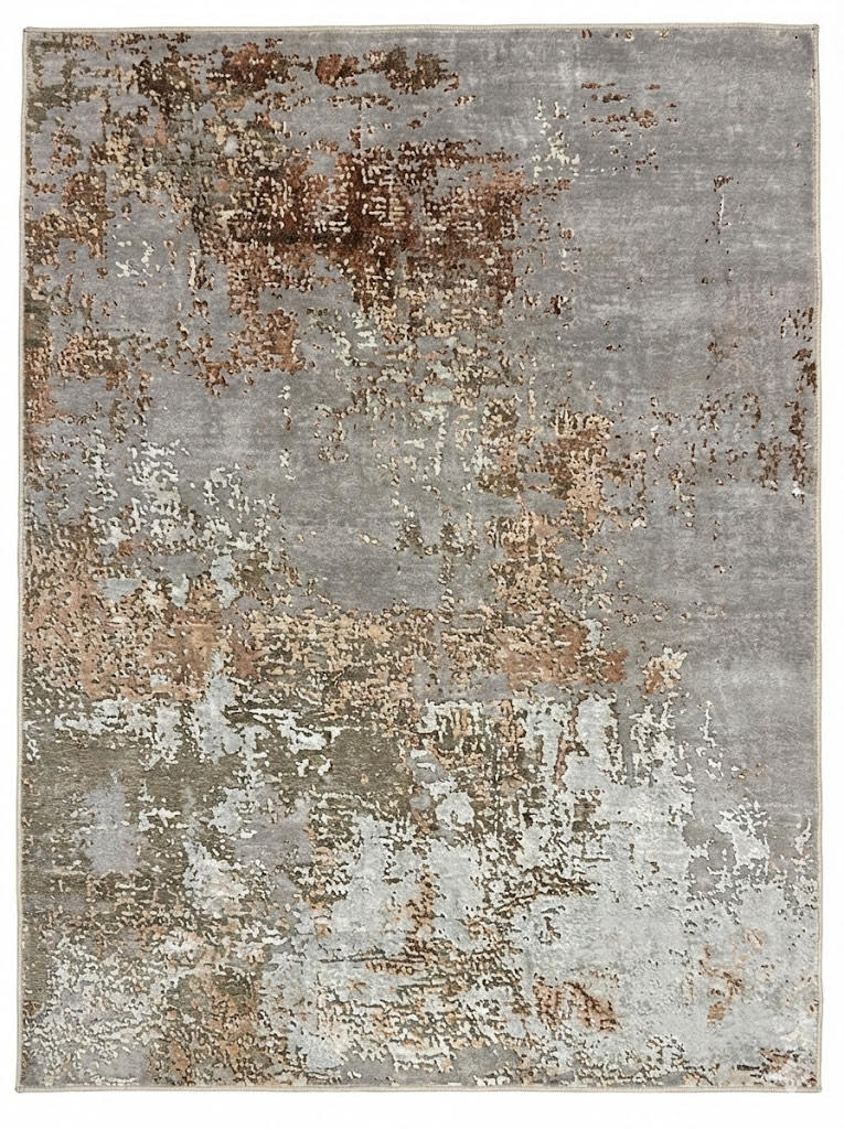 7' x 9' Silver Gray Rust Beige Ivory Abstract Modern Distressed Area Rug displayed alone on a white background studio setting.