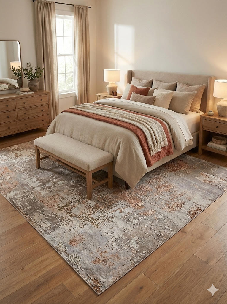 7' x 9' Silver Gray Rust Beige Ivory Abstract Modern Distressed Area Rug placed / styled in a bright neutral bedroom under a light upholstered bed with layered beige and rust accents.