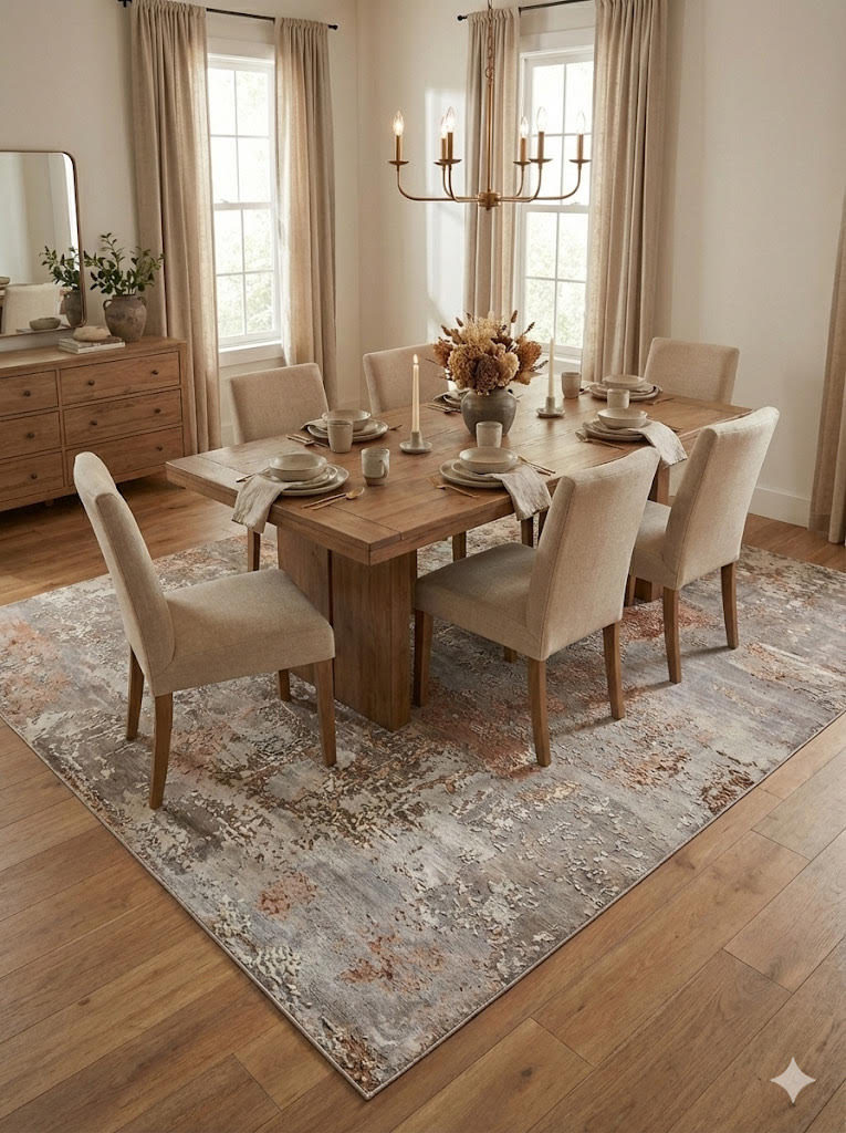 7' x 9' Silver Gray Rust Beige Ivory Abstract Modern Distressed Area Rug placed / styled in a dining room beneath a rustic wood table with upholstered beige chairs and soft natural lighting.