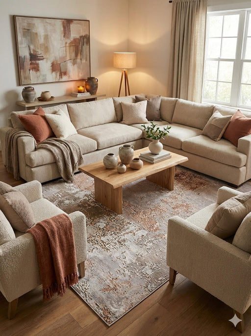 7' x 9' Silver Gray Rust Beige Ivory Abstract Modern Distressed Area Rug placed / styled in a neutral living room beneath a beige sectional sofa and wood coffee table with warm earth-toned décor.
