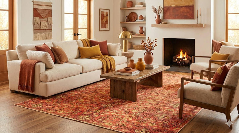 7' x 9' Terracotta Ivory Beige Vintage Tribal Area Rug placed / styled in a cozy living room under a cream sofa and wood coffee table, accented with autumn-toned pillows and a lit fireplace.