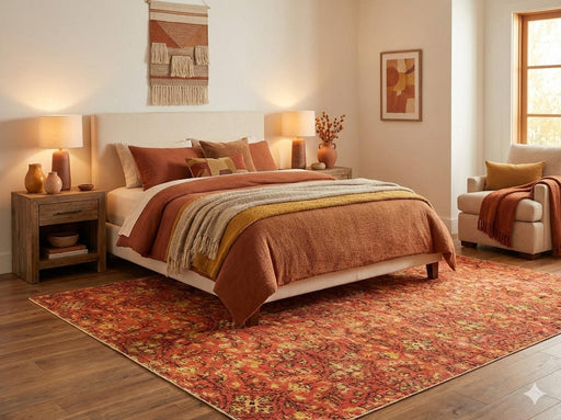 7' x 9' Terracotta Ivory Beige Vintage Tribal Area Rug placed / styled in a warm neutral bedroom beneath a light upholstered bed with rust and mustard bedding, wood nightstands, and soft ambient lighting.