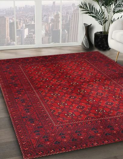 7' x 9' Traditional Red Burgundy Persian Area Rug angled room view highlighting the bold red tones and elegant traditional design within a modern interior.