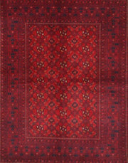 7' x 9' Traditional Red Burgundy Persian Area Rug full top view showcasing the intricate repeating motifs and decorative multi-layered border design.